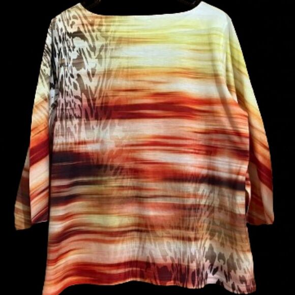 Chico’s Women Red Multi “SUNSET” Nature Inspired Print 3/4 Sleeve Top Sz-L - Picture 6 of 6